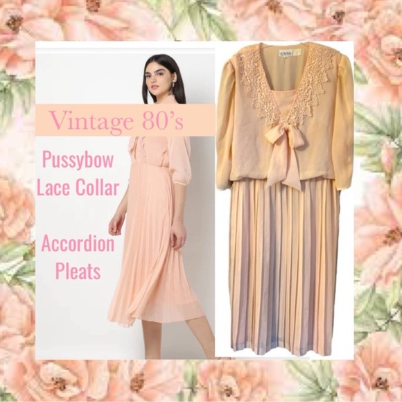 Vintage 80’s Dress Peach Accordion Pleated Pussybow Lace Collar Padded Shoulders - Picture 3 of 16